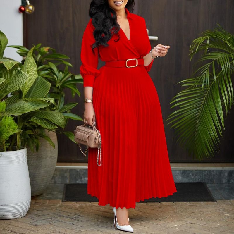 V-neck waist cinched pleated long dress