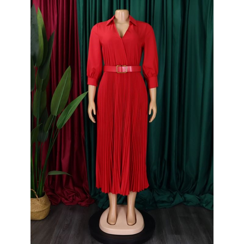 V-neck waist cinched pleated long dress