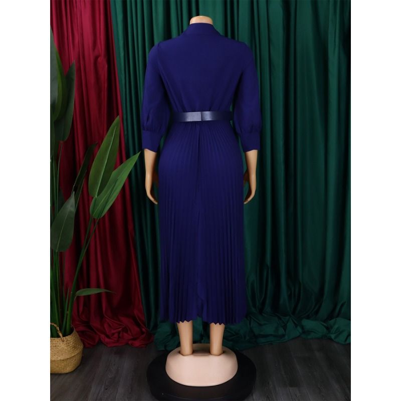 V-neck waist cinched pleated long dress