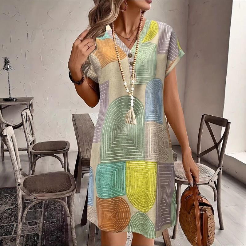 Summer retro geometric print V-neck dress, loose and slimming, casual and meat blocking short sleeved straight tube skirt