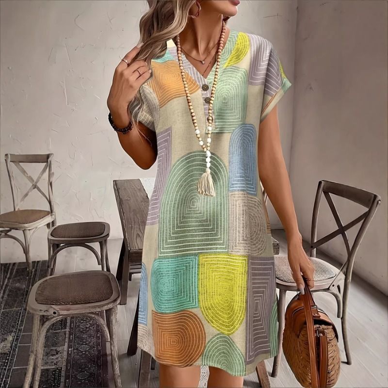 Summer retro geometric print V-neck dress, loose and slimming, casual and meat blocking short sleeved straight tube skirt