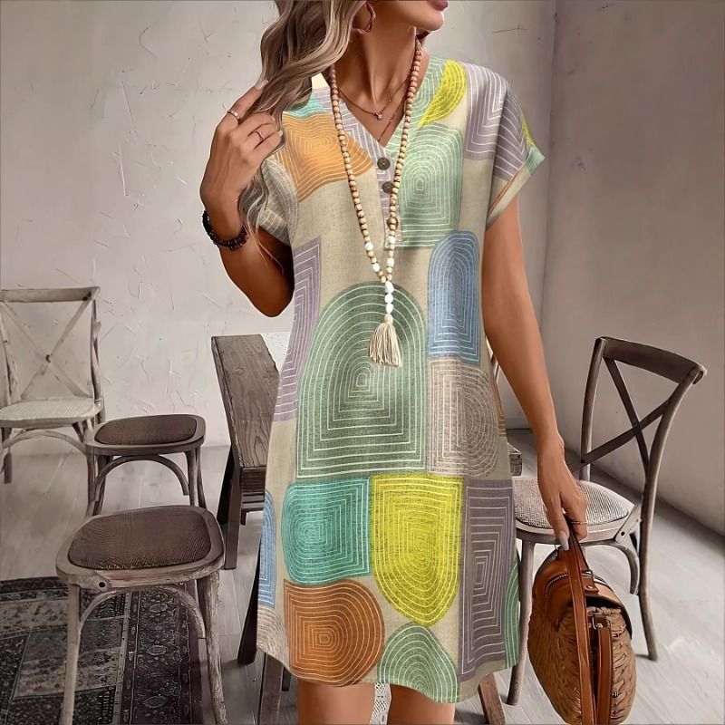 Summer retro geometric print V-neck dress, loose and slimming, casual and meat blocking short sleeved straight tube skirt