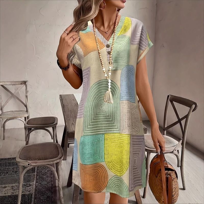 Summer retro geometric print V-neck dress, loose and slimming, casual and meat blocking short sleeved straight tube skirt