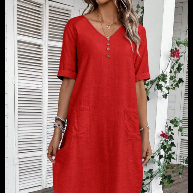 Solid color V-neck button cotton linen skirt with loose sleeves, slimming and versatile casual dress
