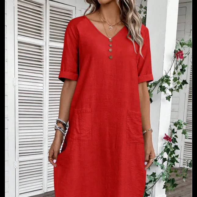 Solid color V-neck button cotton linen skirt with loose sleeves, slimming and versatile casual dress