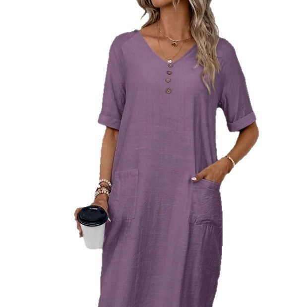 Solid color V-neck button cotton linen skirt with loose sleeves, slimming and versatile casual dress
