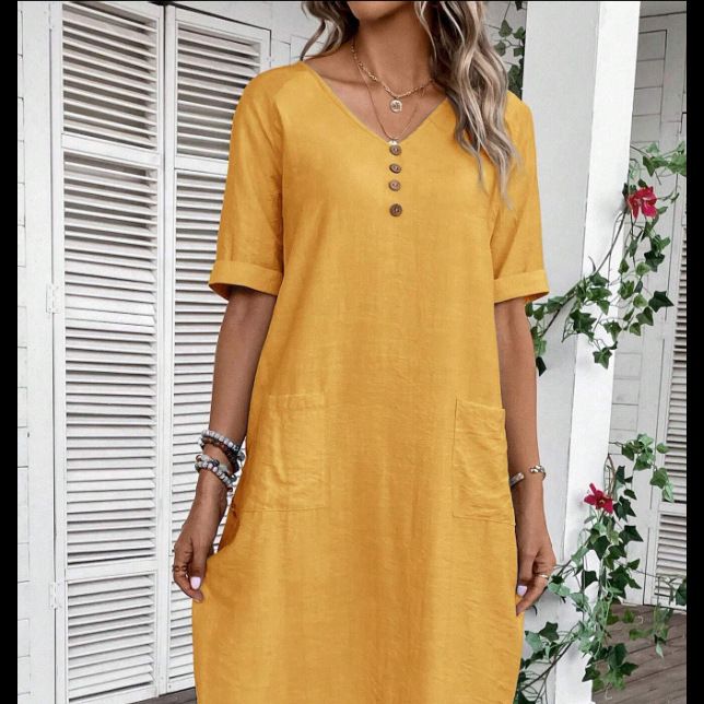 Solid color V-neck button cotton linen skirt with loose sleeves, slimming and versatile casual dress