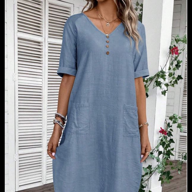 Solid color V-neck button cotton linen skirt with loose sleeves, slimming and versatile casual dress
