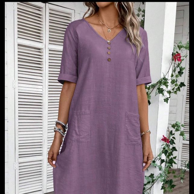 Solid color V-neck button cotton linen skirt with loose sleeves, slimming and versatile casual dress