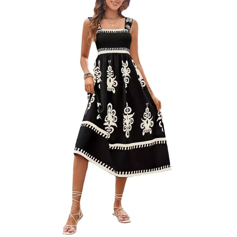 Retro printed square neck wide shoulder strap dress, high waist slimming, vacation style beach mid length skirt