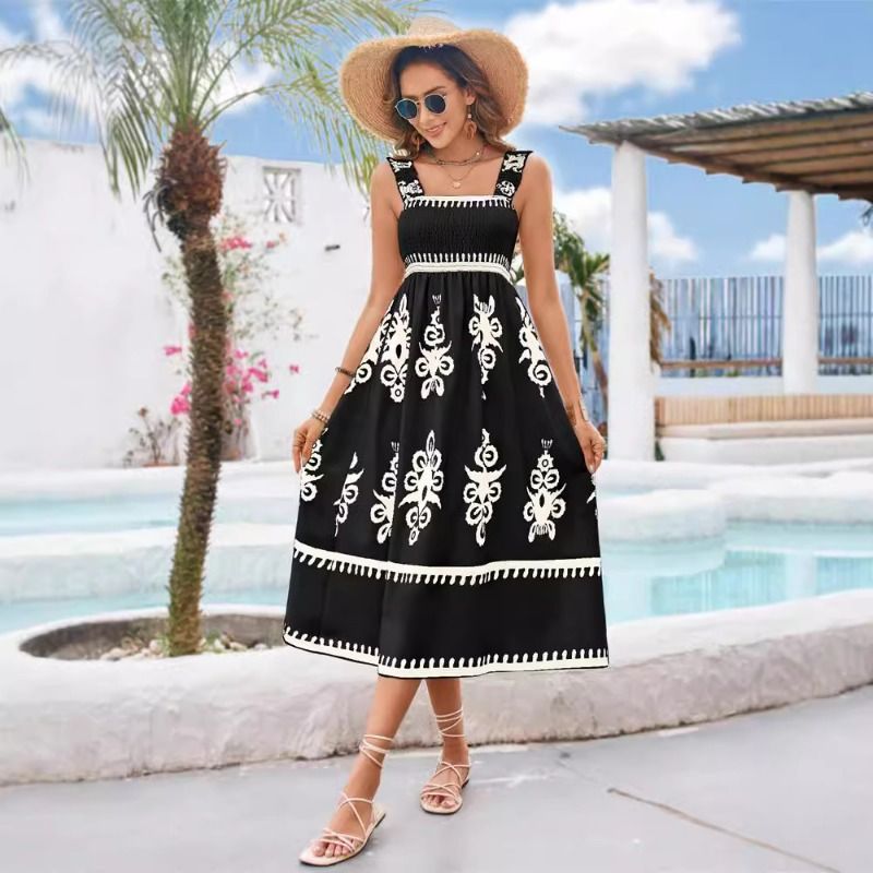 Retro printed square neck wide shoulder strap dress, high waist slimming, vacation style beach mid length skirt