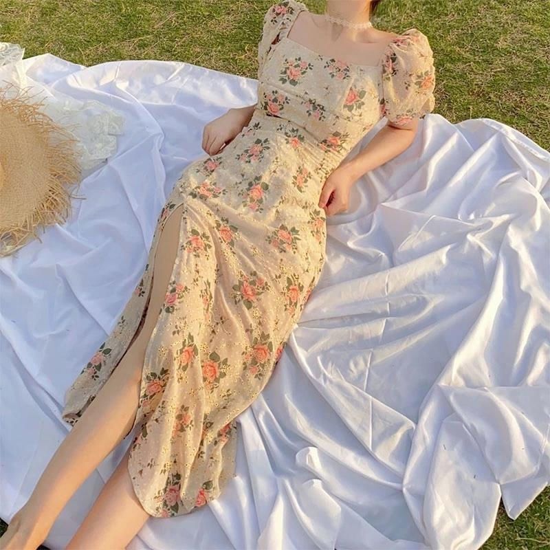 French square neck bubble sleeve floral dress with waist cinched and slit, gentle style tea break dress, date and travel slimming long dress