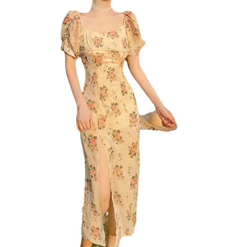 French square neck bubble sleeve floral dress with waist cinched and slit, gentle style tea break dress, date and travel slimming long dress