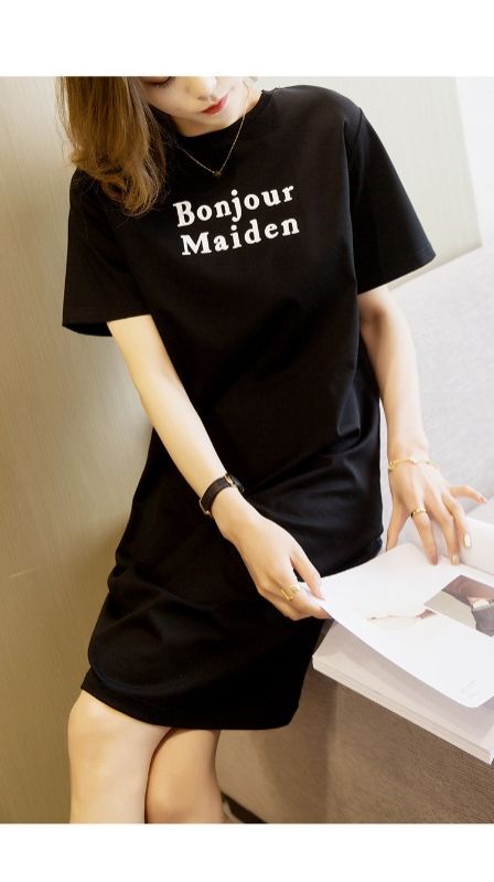 Summer letter printed T-shirt dress loose slimming casual versatile round neck short sleeved lazy skirt