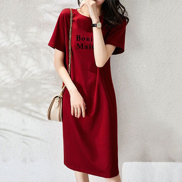 Summer letter printed T-shirt dress loose slimming casual versatile round neck short sleeved lazy skirt