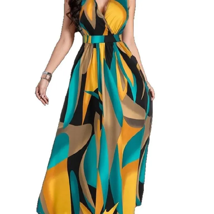 Summer deep V-neck contrasting printed sleeveless dress with waist cinching and slimming effect, long vacation style dress, long skirt