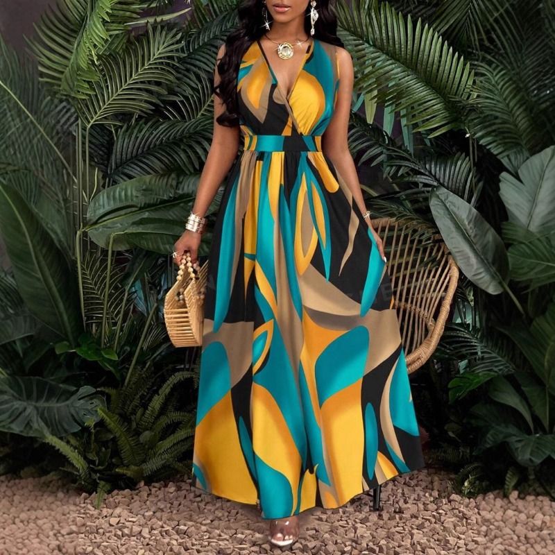 Summer deep V-neck contrasting printed sleeveless dress with waist cinching and slimming effect, long vacation style dress, long skirt