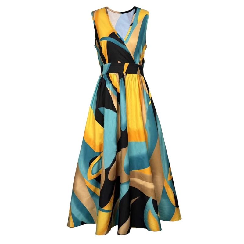 Summer deep V-neck contrasting printed sleeveless dress with waist cinching and slimming effect, long vacation style dress, long skirt