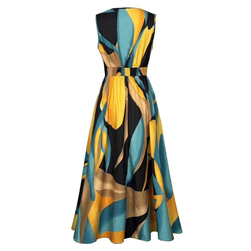 Summer deep V-neck contrasting printed sleeveless dress with waist cinching and slimming effect, long vacation style dress, long skirt