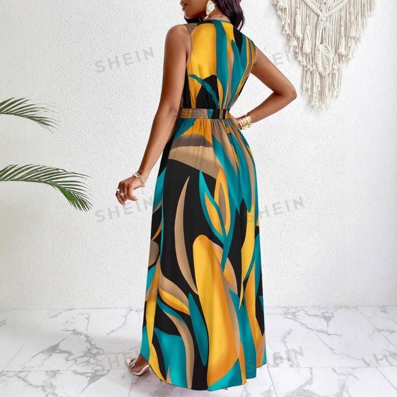 Summer deep V-neck contrasting printed sleeveless dress with waist cinching and slimming effect, long vacation style dress, long skirt