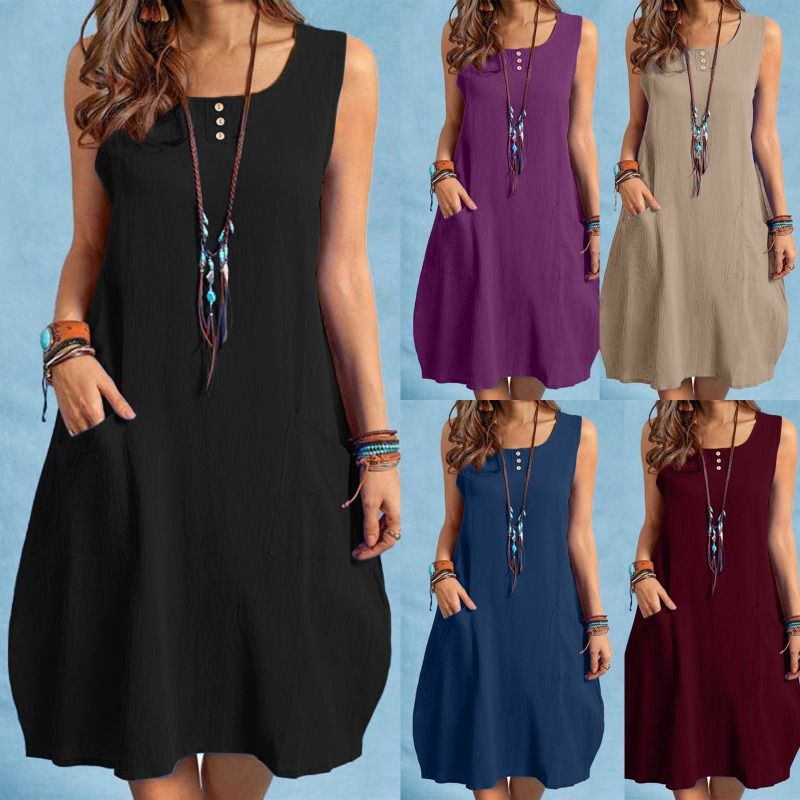 Solid Color Round Neck Sleeveless Cotton-Linen Dress Loose Fit Conceals Body with Double Pockets Casual Mid-Length Skirt