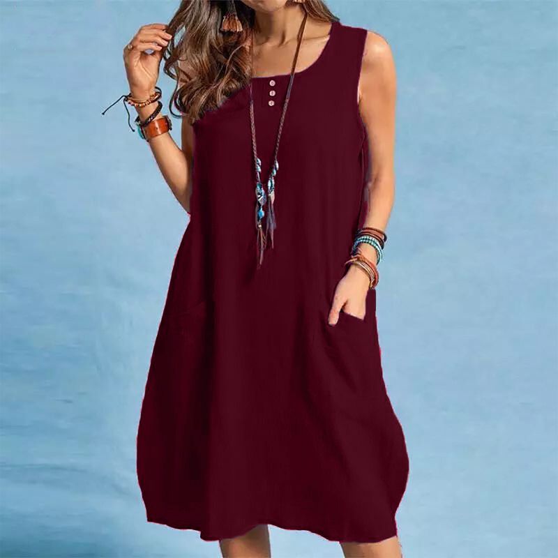 Solid Color Round Neck Sleeveless Cotton-Linen Dress Loose Fit Conceals Body with Double Pockets Casual Mid-Length Skirt