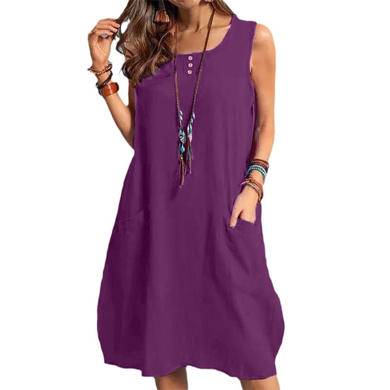 Solid Color Round Neck Sleeveless Cotton-Linen Dress Loose Fit Conceals Body with Double Pockets Casual Mid-Length Skirt