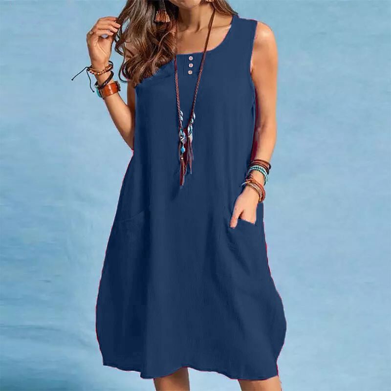 Solid Color Round Neck Sleeveless Cotton-Linen Dress Loose Fit Conceals Body with Double Pockets Casual Mid-Length Skirt