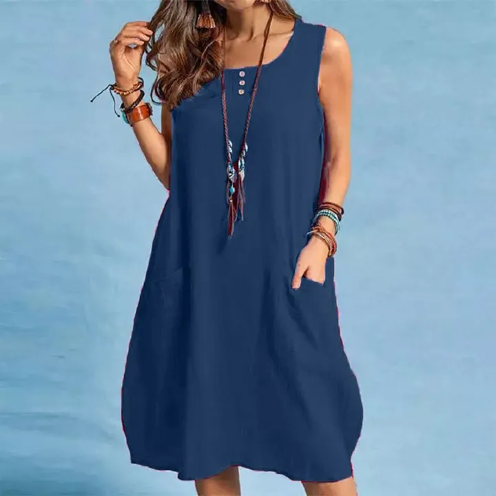 Solid Color Round Neck Sleeveless Cotton-Linen Dress Loose Fit Conceals Body with Double Pockets Casual Mid-Length Skirt
