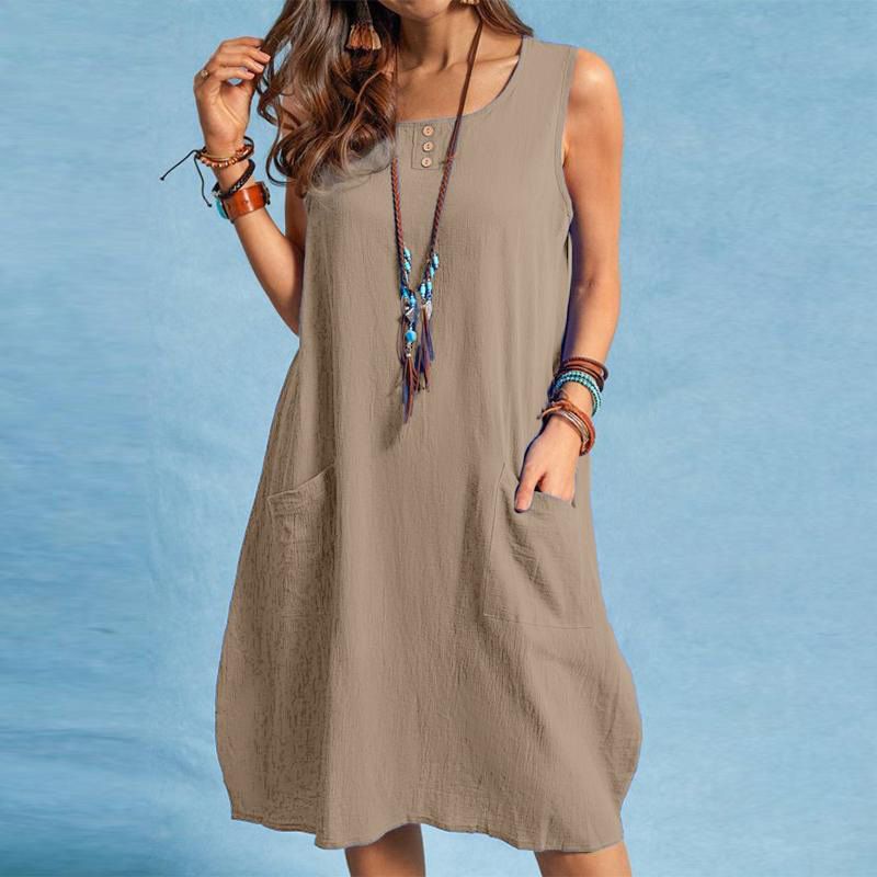 Solid Color Round Neck Sleeveless Cotton-Linen Dress Loose Fit Conceals Body with Double Pockets Casual Mid-Length Skirt