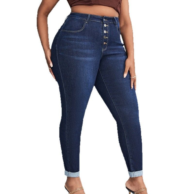 Large size high waisted breasted tight jeans for women, stretchy and slim, lifted hips and cinched belly, small feet, pencil pants, chubby, mm, versatile