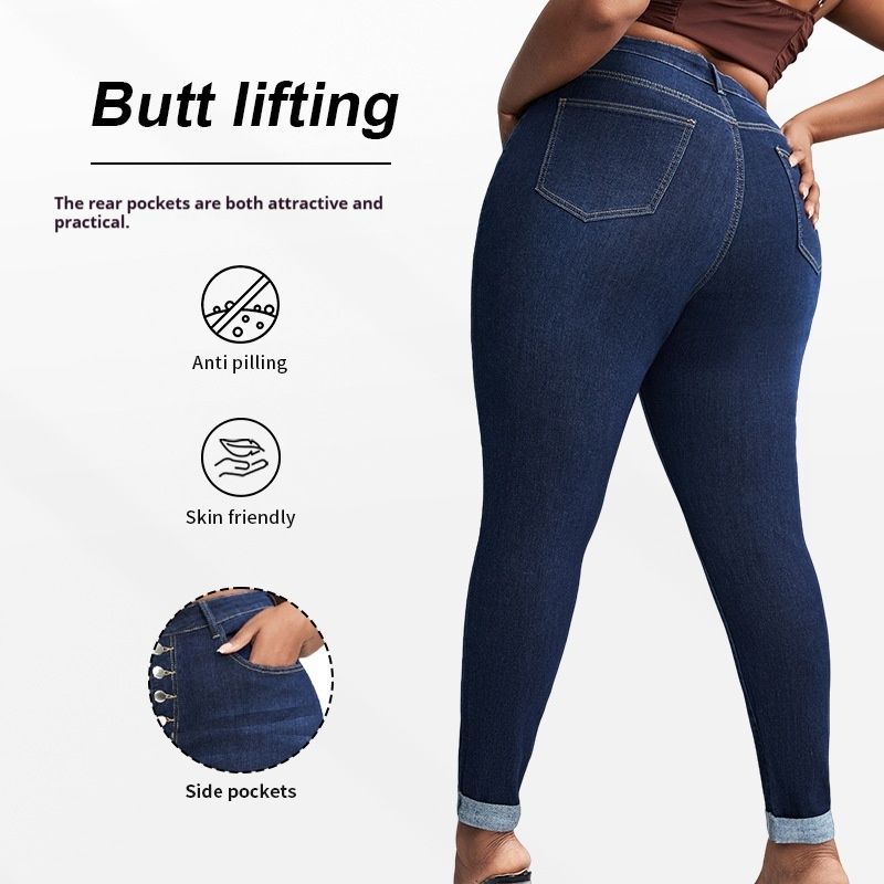 Large size high waisted breasted tight jeans for women, stretchy and slim, lifted hips and cinched belly, small feet, pencil pants, chubby, mm, versatile
