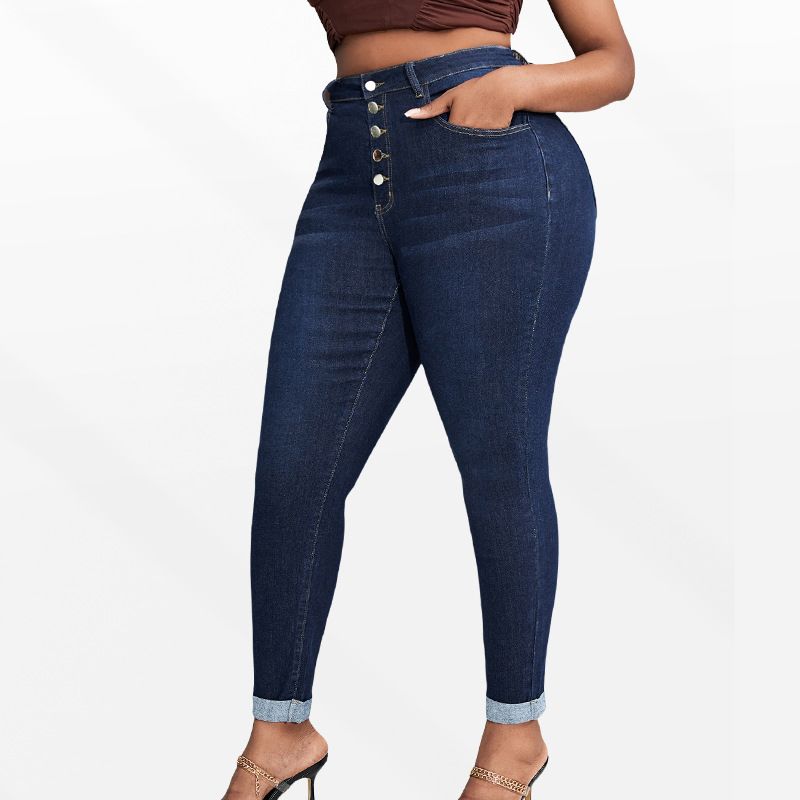 Large size high waisted breasted tight jeans for women, stretchy and slim, lifted hips and cinched belly, small feet, pencil pants, chubby, mm, versatile