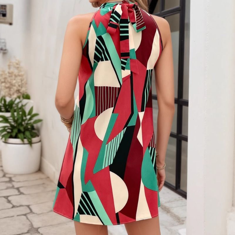 Retro geometric print hanging neck dress sleeveless off shoulder loose A-line slimming short skirt