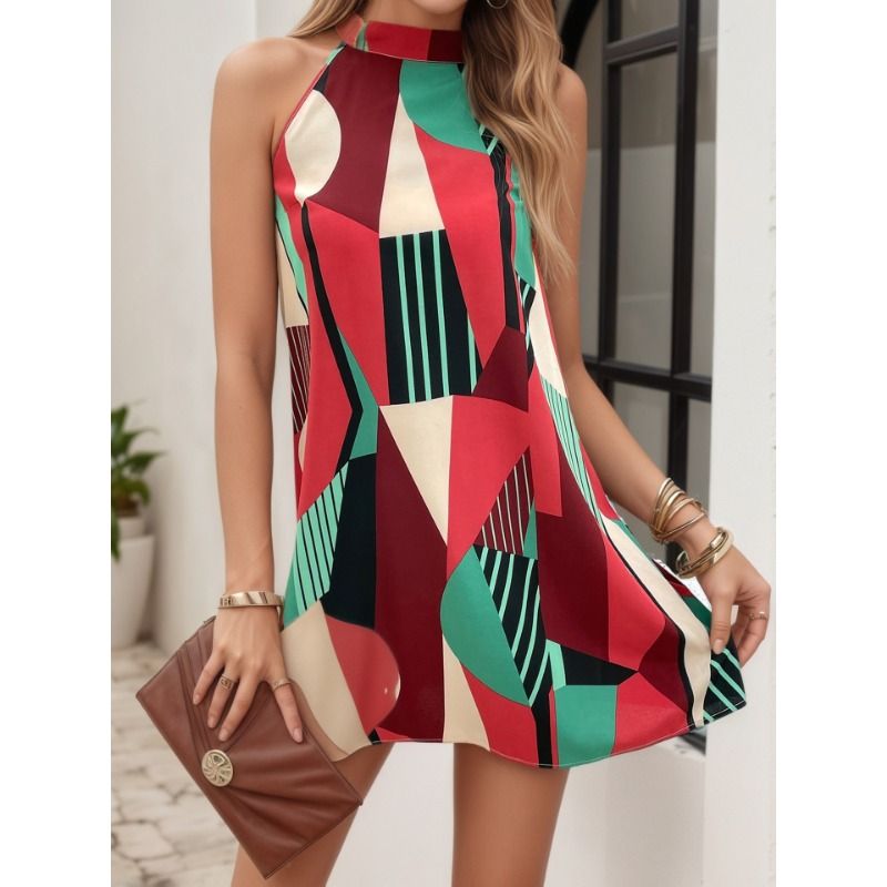 Retro geometric print hanging neck dress sleeveless off shoulder loose A-line slimming short skirt
