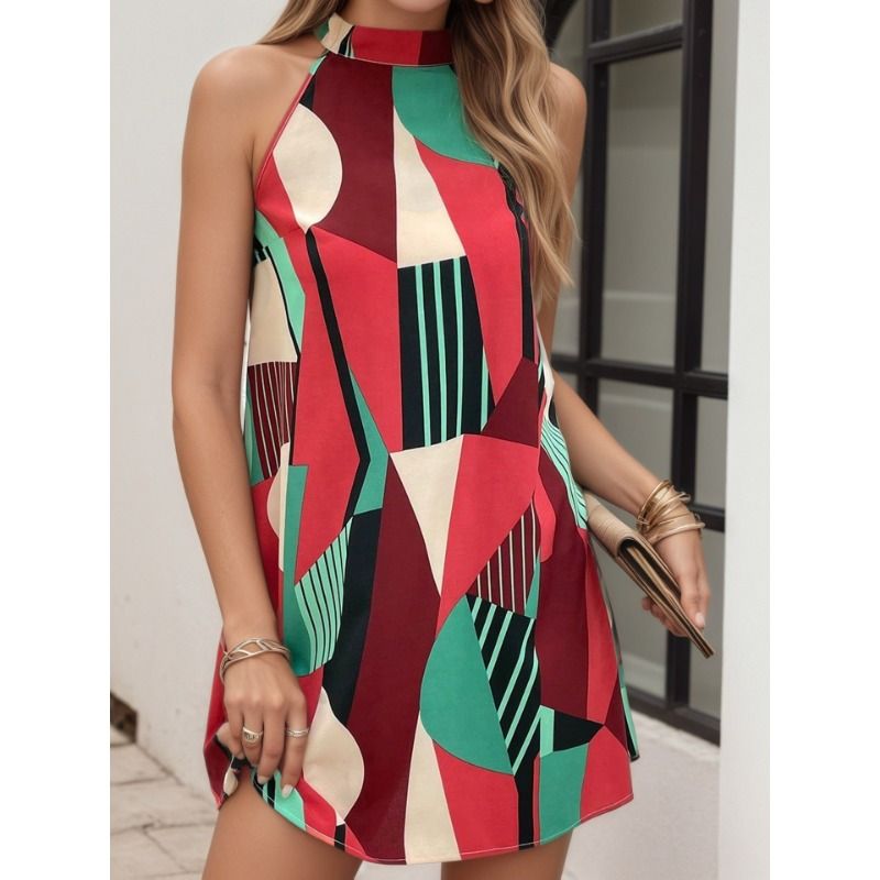 Retro geometric print hanging neck dress sleeveless off shoulder loose A-line slimming short skirt