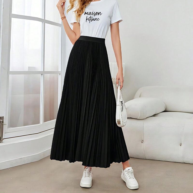 New elastic waist hanging pleated skirt, high waist slimming A-line big swing commuting temperament long skirt