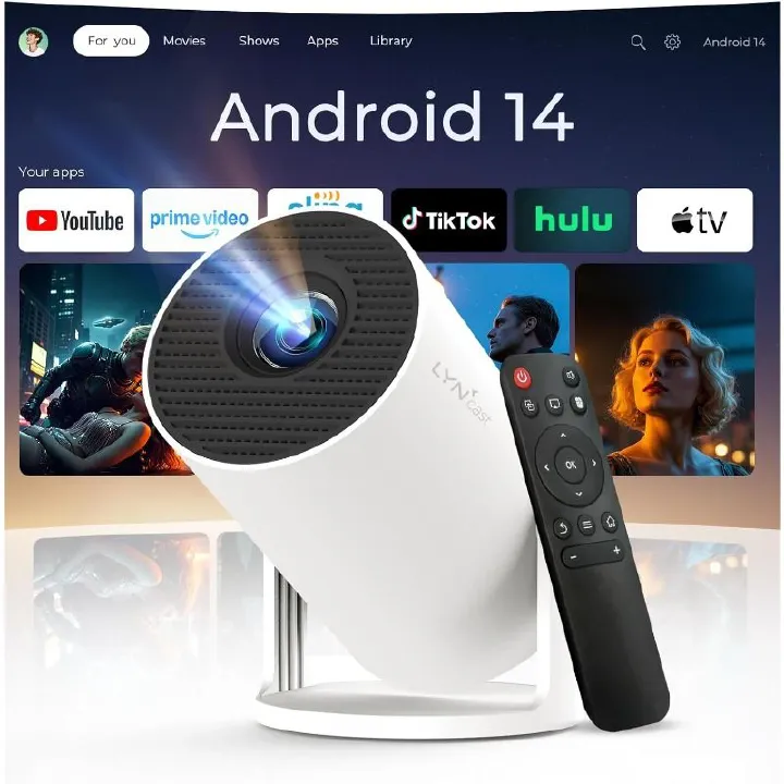 Mini Projector for Bedroom Portable with WiFi 6 and Bluetooth 5.4 Built-in Apps Android 14 OS,1080P 4K Support Auto Keystone Ceiling Projector 180° Rotatable Upgraded 300Pro+ OptiBarrel 500