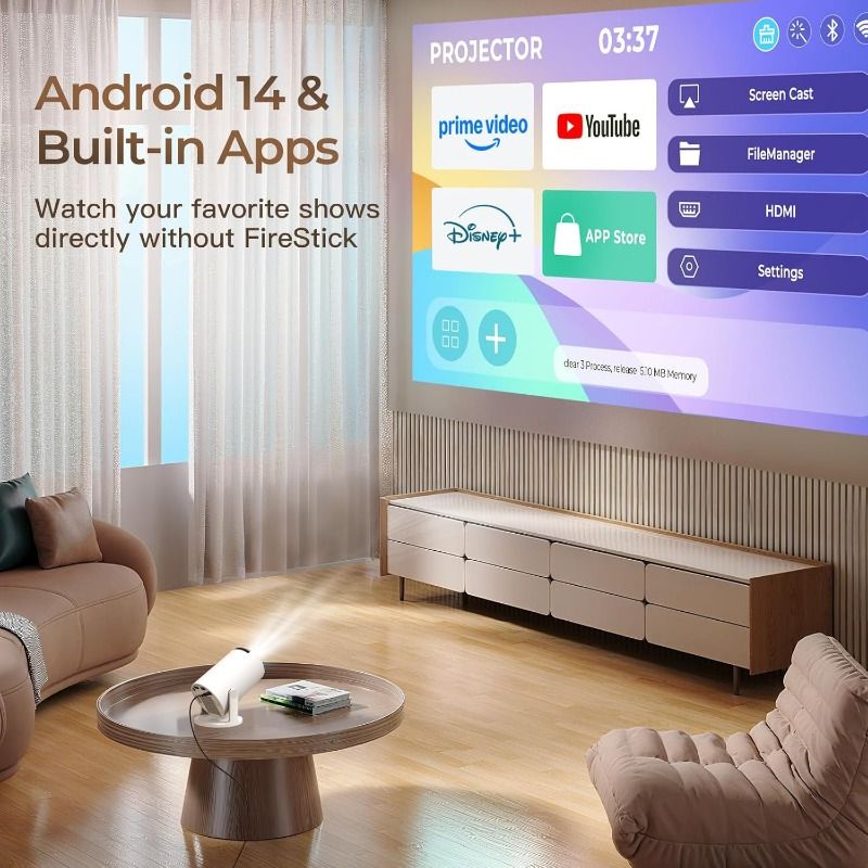 Mini Projector for Bedroom Portable with WiFi 6 and Bluetooth 5.4 Built-in Apps Android 14 OS,1080P 4K Support Auto Keystone Ceiling Projector 180° Rotatable Upgraded 300Pro+ OptiBarrel 500