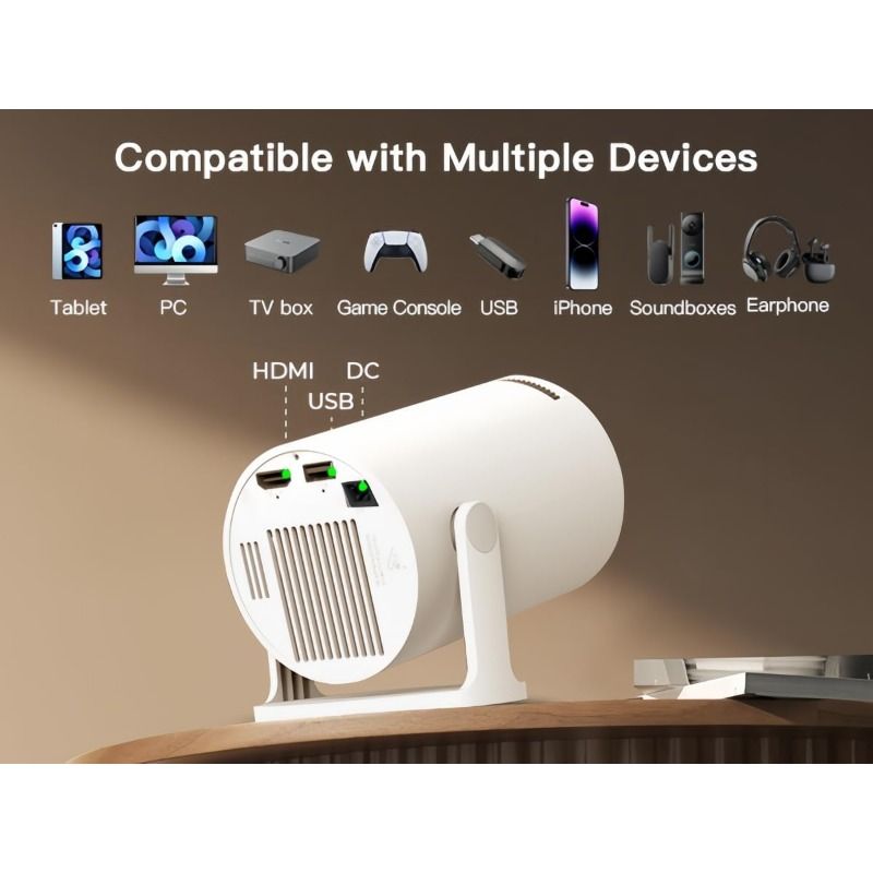 Mini Projector for Bedroom Portable with WiFi 6 and Bluetooth 5.4 Built-in Apps Android 14 OS,1080P 4K Support Auto Keystone Ceiling Projector 180° Rotatable Upgraded 300Pro+ OptiBarrel 500