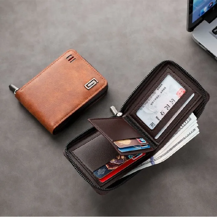 Retro style zipper short men's wallet