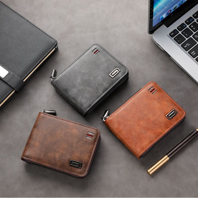 Retro style zipper short men's wallet
