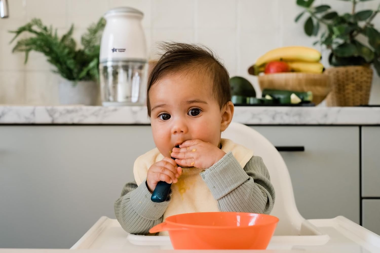 Tommee Tippee Quick-Chop, 500ml Capacity, Mini Electric Baby Food Blender and Chopper for all Stages of Weaning, Durable Glass Bowl and Stainless Steel Blades, 200W Motor