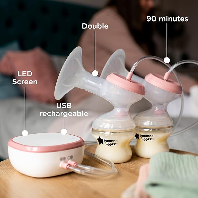 Tommee Tippee Made for Me Double Electric Breast Pump, Wireless, 9 Express Modes, Quiet, Portable, Massaging Cushions, Strong Suction, Soft Feel, USB Rechargeable, 150ml Baby Bottles Included.
