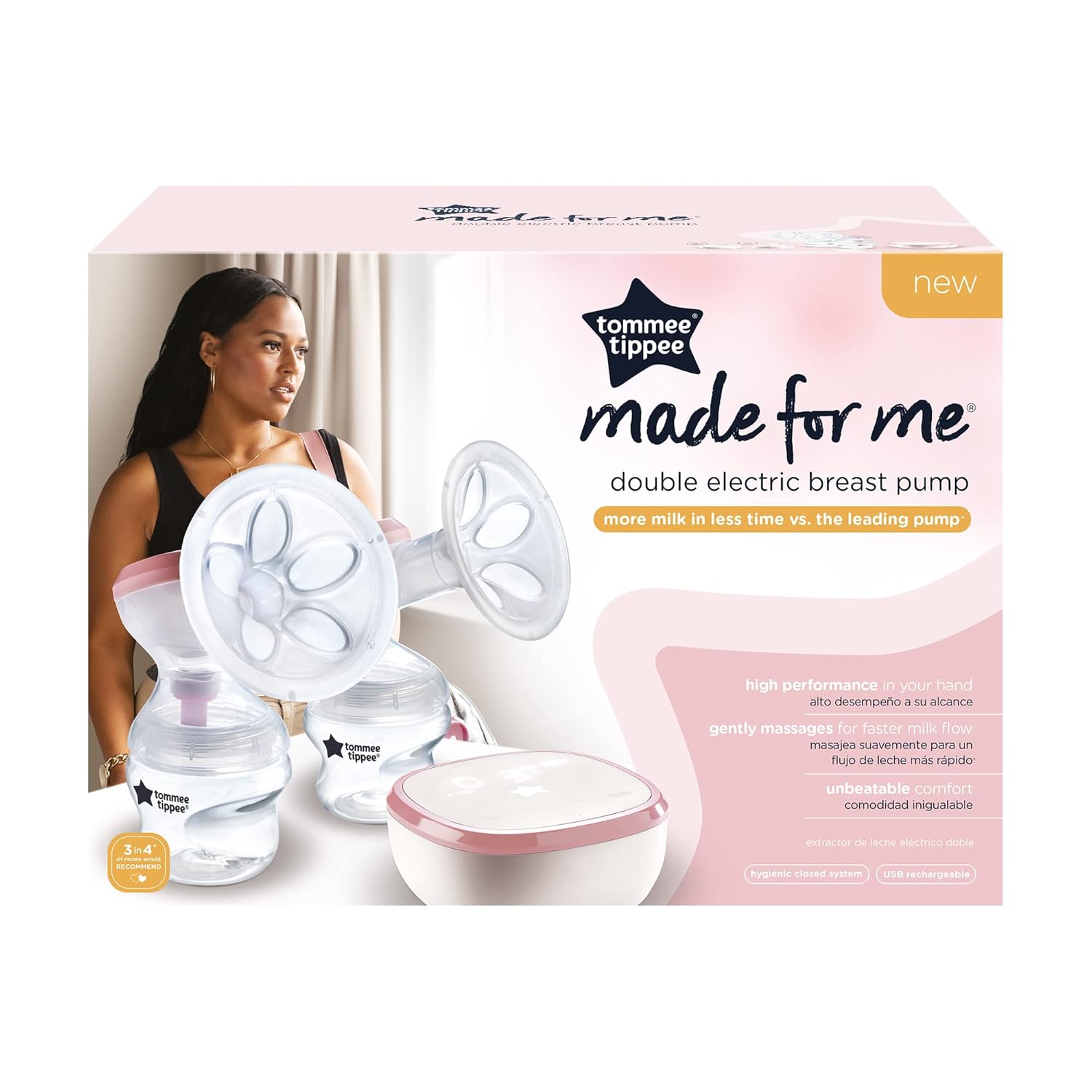 Tommee Tippee Made for Me Double Electric Breast Pump, Wireless, 9 Express Modes, Quiet, Portable, Massaging Cushions, Strong Suction, Soft Feel, USB Rechargeable, 150ml Baby Bottles Included.