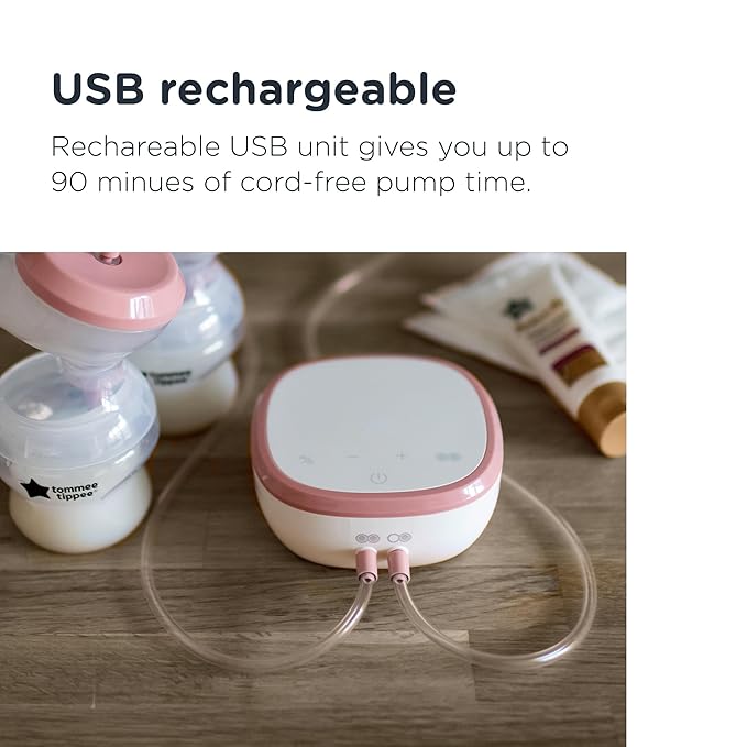 Tommee Tippee Made for Me Double Electric Breast Pump, Wireless, 9 Express Modes, Quiet, Portable, Massaging Cushions, Strong Suction, Soft Feel, USB Rechargeable, 150ml Baby Bottles Included.