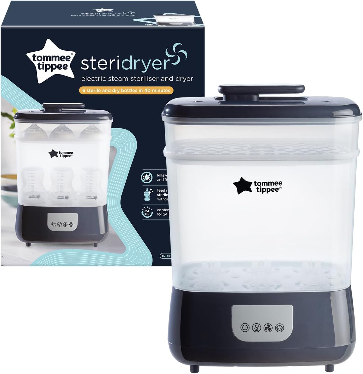 Tommee Tippee Advanced Steri-Dry Electric Steriliser and Dryer for Baby Bottles and Accessories, Kills Viruses* and 99.9% of Bacteria, Black