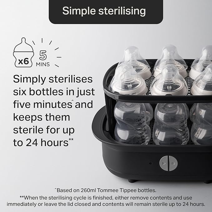Tommee Tippee Electric Steam Steriliser – Fast, Compact, BPA-Free Baby Bottle Sterilizer with One-Button Operation, Chemical-Free Steam Cleaning, and Space-Saving Design for Bottles, Pacifiers, and Ac