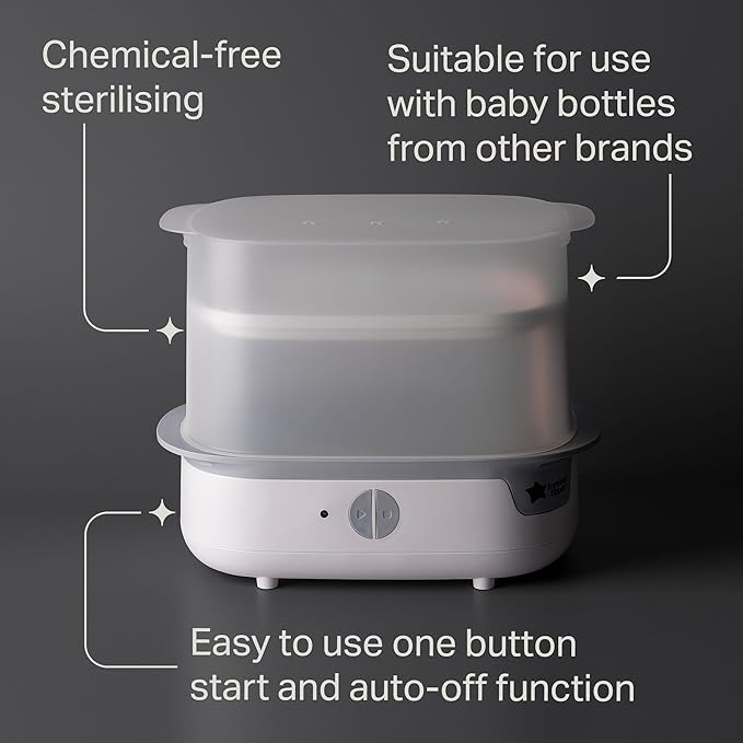 Tommee Tippee Electric Steam Steriliser – Fast, Compact, BPA-Free Baby Bottle Sterilizer with One-Button Operation, Chemical-Free Steam Cleaning, and Space-Saving Design for Bottles, Pacifiers, and Ac