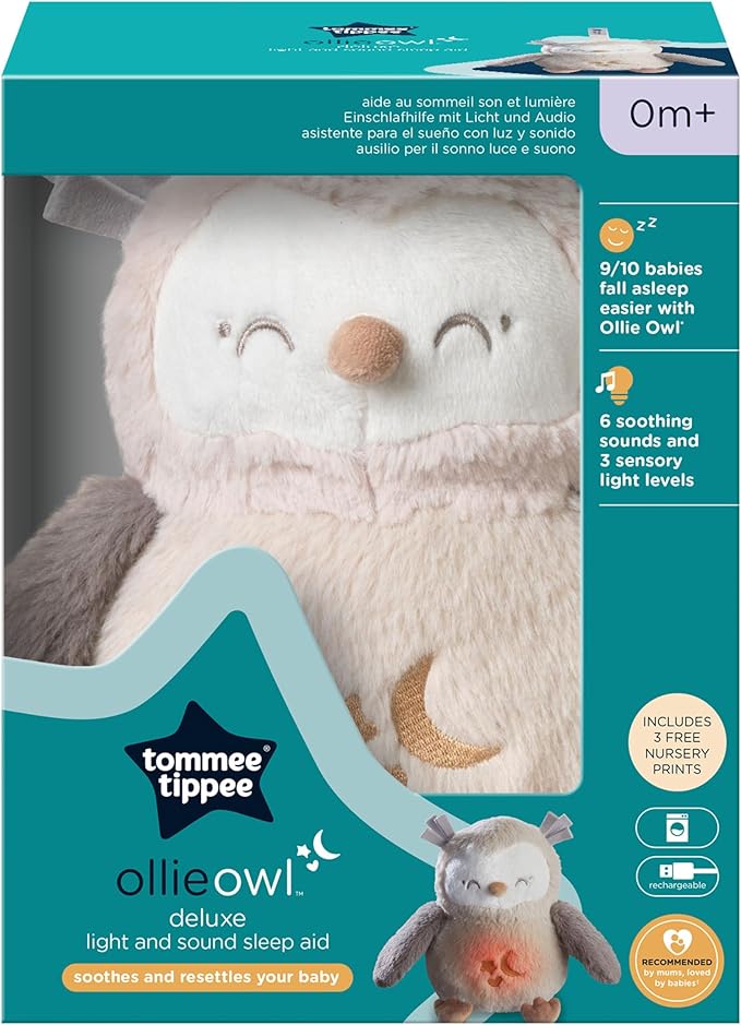 Tommee Tippee Ollie Owl Deluxe Baby and Toddler Sound and Light Sleep Aid, Automatic Cry Sensor Soothes with 3 Natural Sounds and 3 Lullabies, Adjustable Volume, Soft Plush Fabric, USB Rechargeable